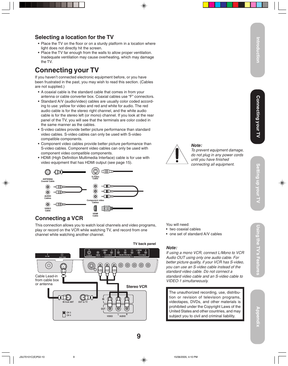 Connecting a vcr, Selecting a location for the tv, Connecting your tv | Toshiba 20HL85 User Manual | Page 9 / 48