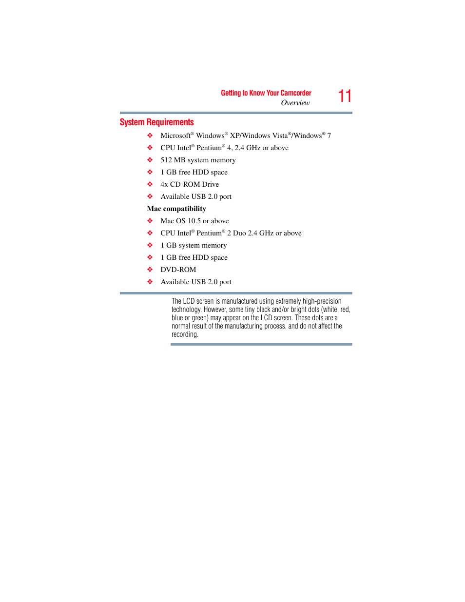 System requirements | Toshiba B10 User Manual | Page 11 / 145