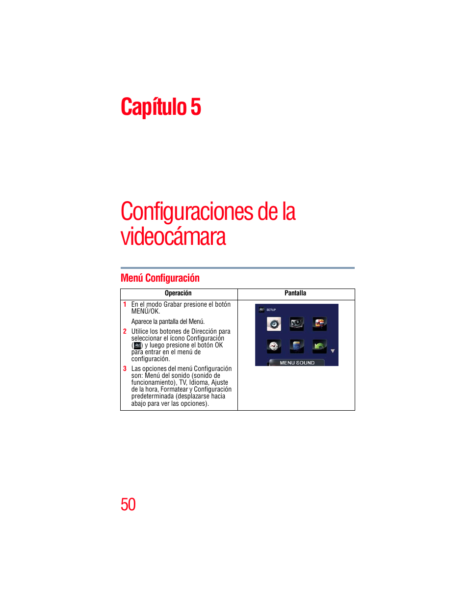 Capítulo 5: configuraciones de la videocámara, Menú configuración, Configuraciones de la videocámara | Capítulo 5 | Toshiba B10 User Manual | Page 122 / 145