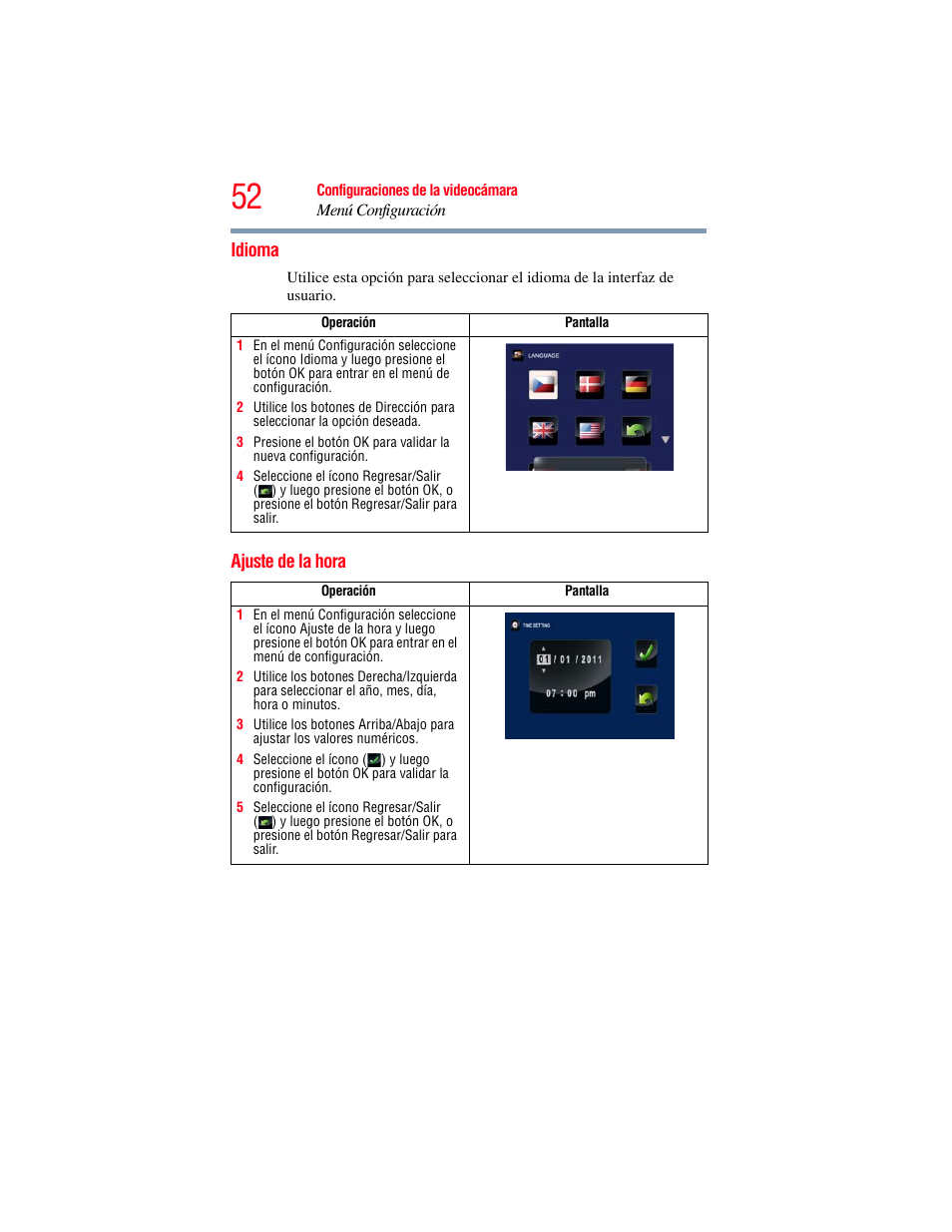 Idioma, Ajuste de la hora, Idioma ajuste de la hora | Toshiba B10 User Manual | Page 124 / 145