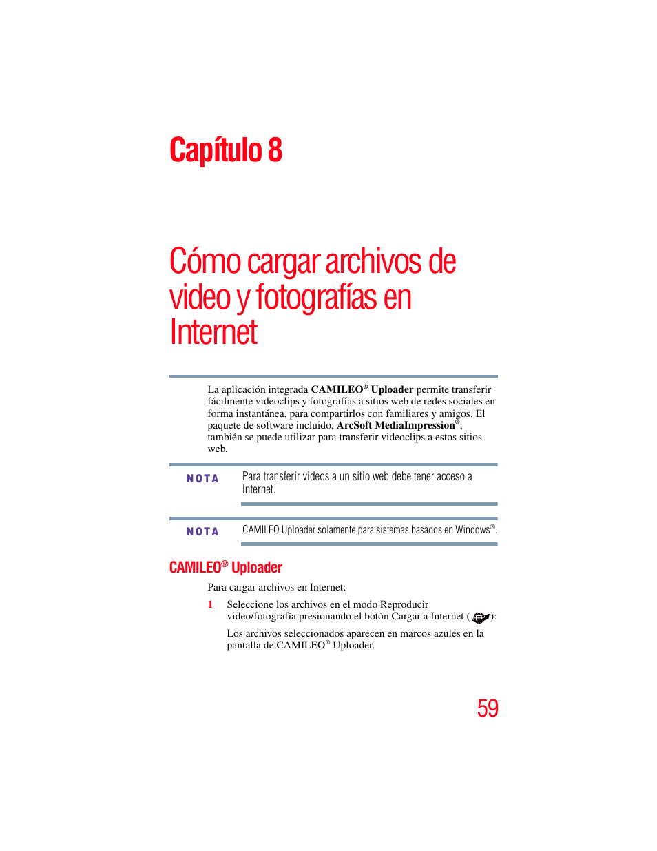 Camileo® uploader, Internet, Capítulo 8 | Camileo, Uploader | Toshiba B10 User Manual | Page 131 / 145