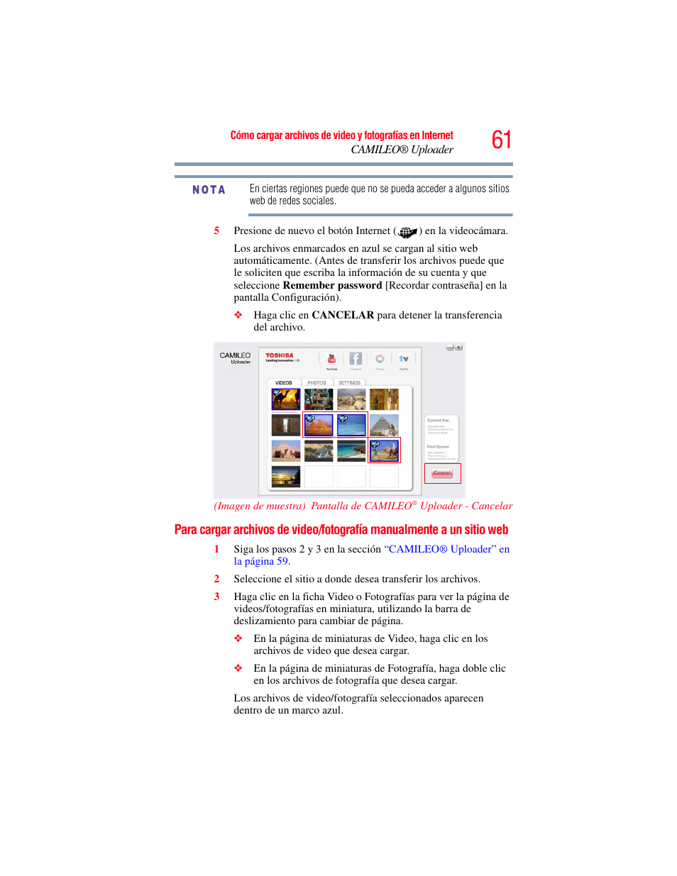 Para cargar archivos de video/fotografía, Manualmente a un sitio web | Toshiba B10 User Manual | Page 133 / 145
