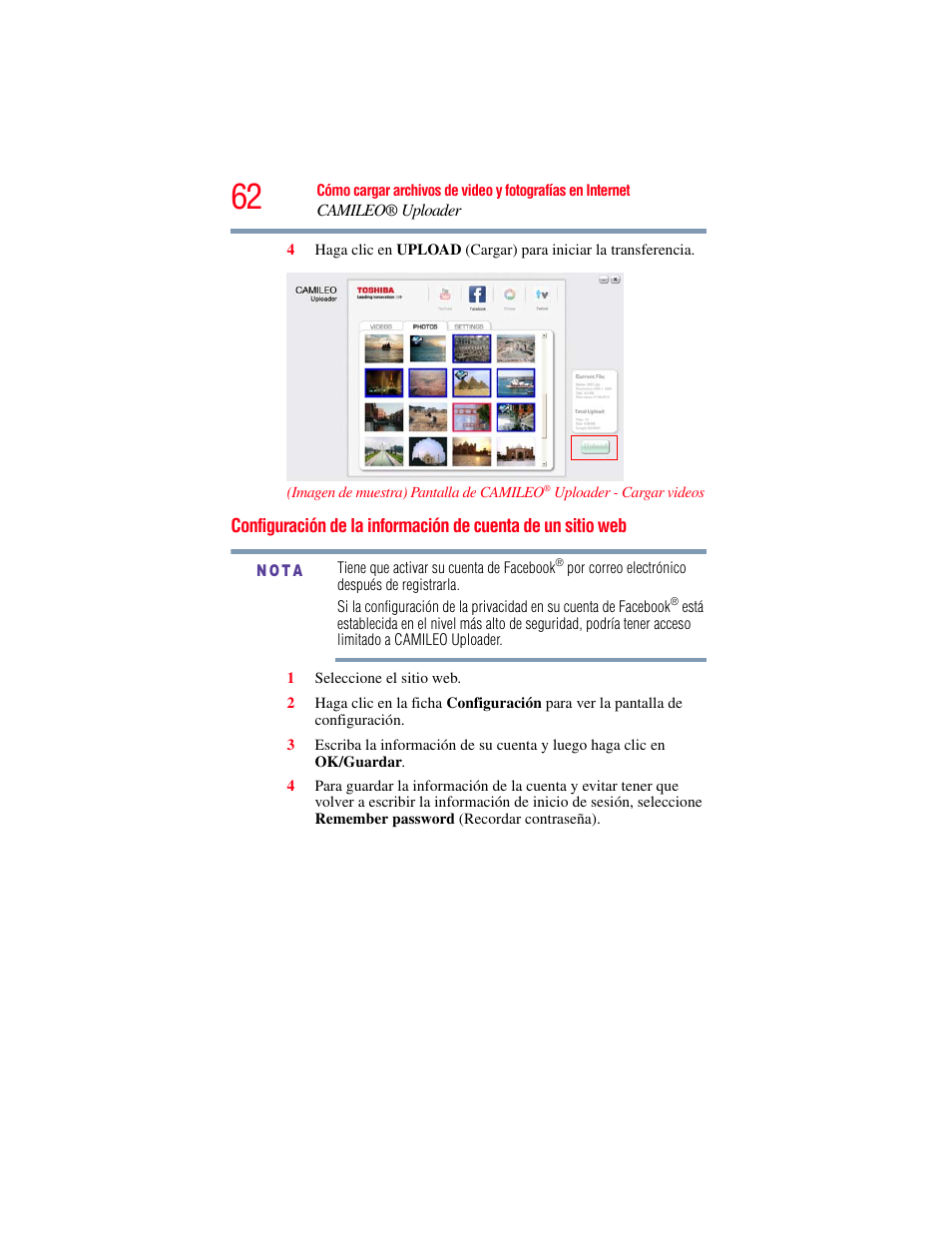 Configuración de la información de cuenta, De un sitio web | Toshiba B10 User Manual | Page 134 / 145