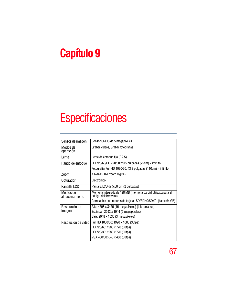 Capítulo 9: especificaciones, Especificaciones, Capítulo 9 | Toshiba B10 User Manual | Page 139 / 145