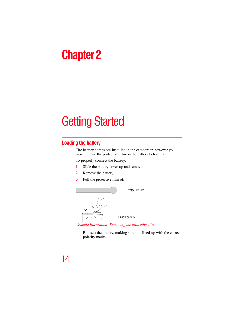 Chapter 2: getting started, Loading the battery, Getting started | Chapter 2 | Toshiba B10 User Manual | Page 14 / 145