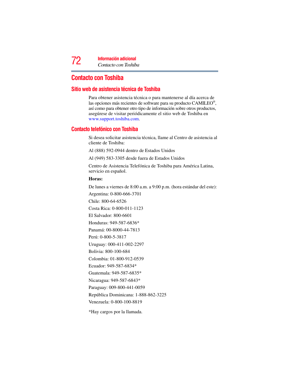 Contacto con toshiba, Sitio web de asistencia técnica de toshiba, Contacto telefónico con toshiba | Toshiba B10 User Manual | Page 144 / 145