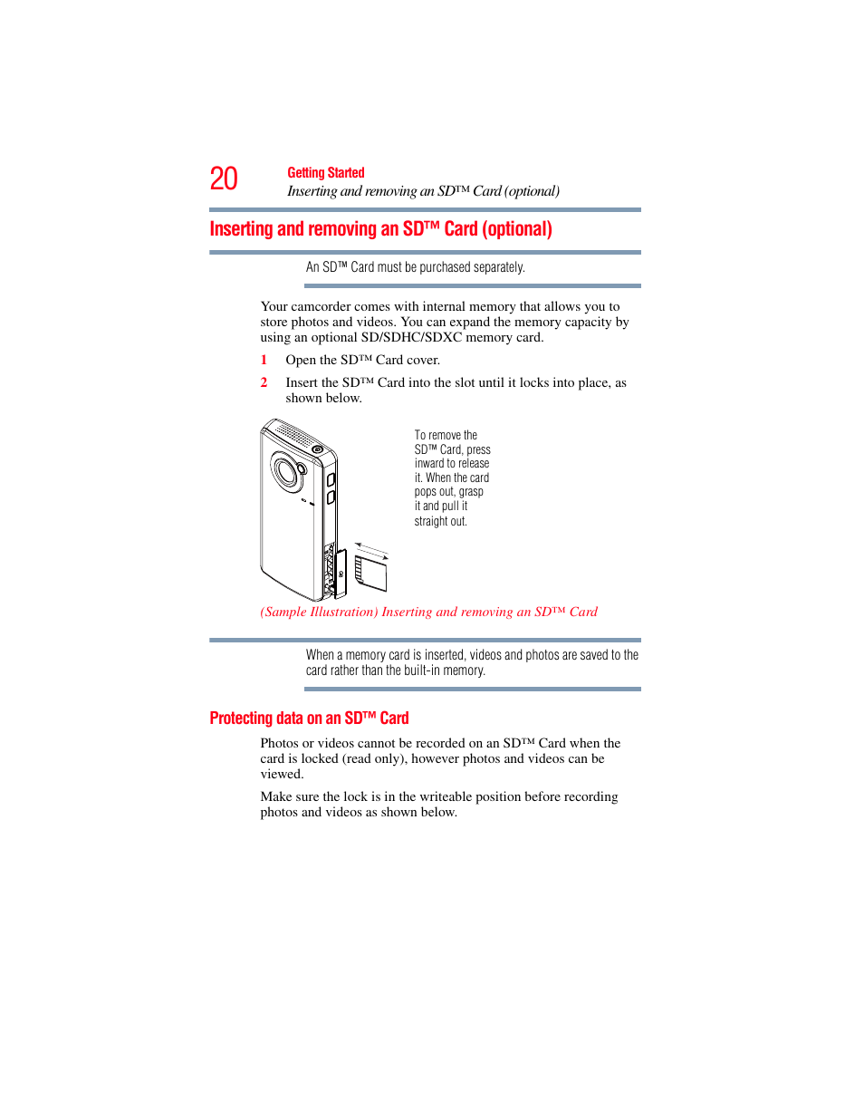 Inserting and removing an sd™ card (optional), Protecting data on an sd™ card, Inserting and removing an sd™ card | Optional) protecting data on an sd™ card | Toshiba B10 User Manual | Page 20 / 145