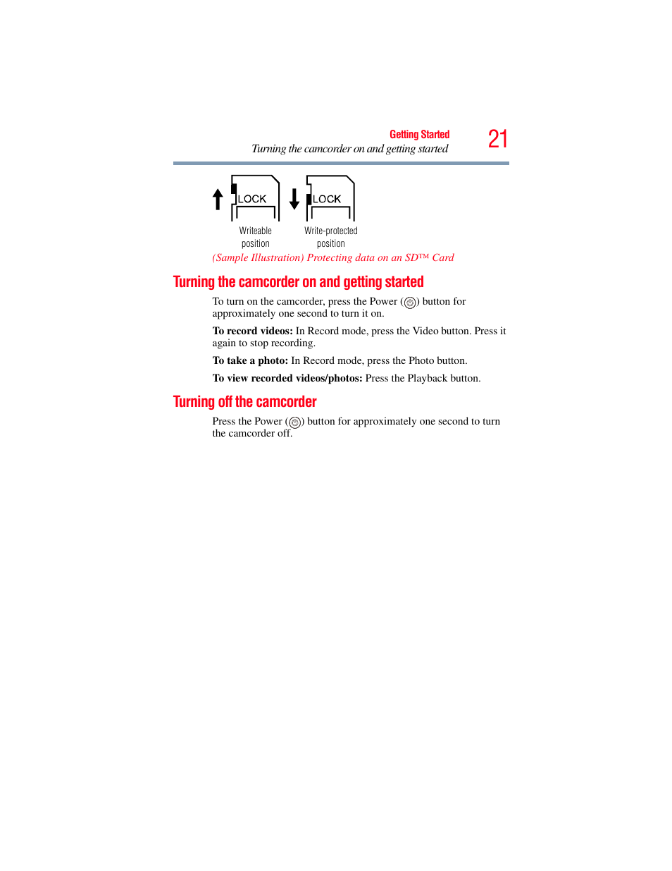 Turning the camcorder on and getting started, Turning off the camcorder | Toshiba B10 User Manual | Page 21 / 145