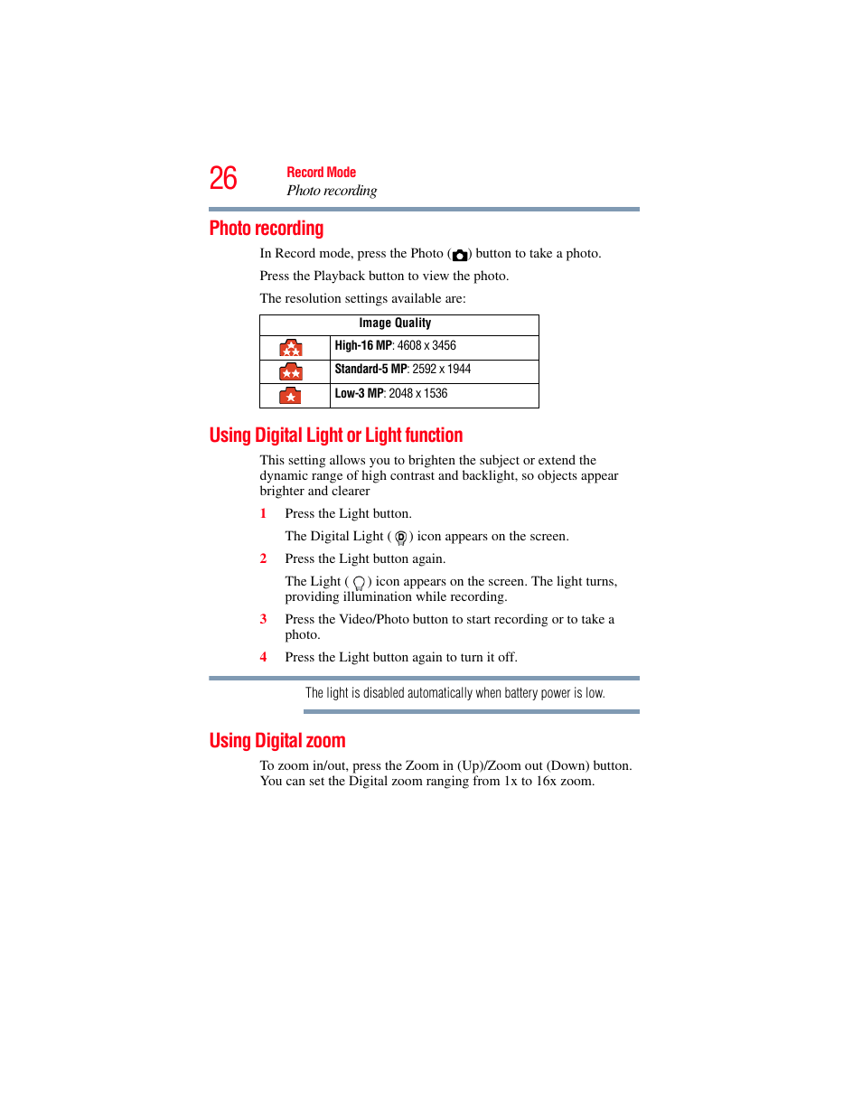 Photo recording, Using digital light or light function, Using digital zoom | Toshiba B10 User Manual | Page 26 / 145