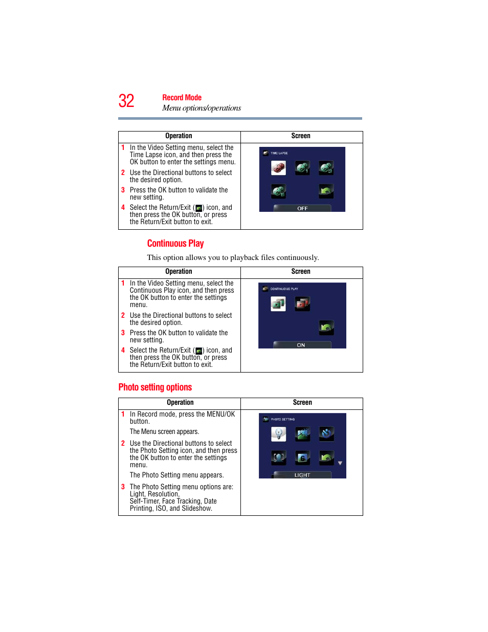 Photo setting options | Toshiba B10 User Manual | Page 32 / 145