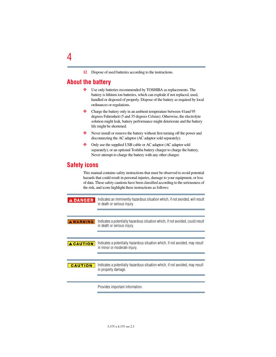 About the battery, Safety icons | Toshiba B10 User Manual | Page 4 / 145
