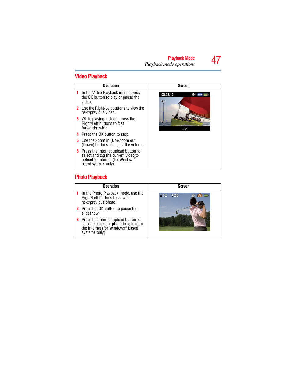 Video playback, Photo playback, Video playback photo playback | Toshiba B10 User Manual | Page 47 / 145
