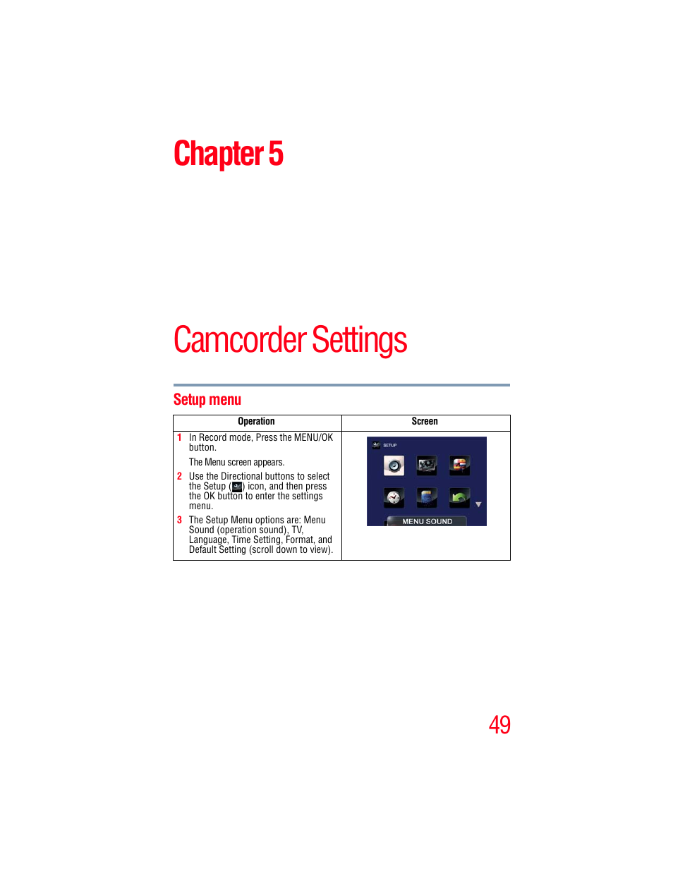 Chapter 5: camcorder settings, Setup menu, Camcorder settings | Chapter 5 | Toshiba B10 User Manual | Page 49 / 145