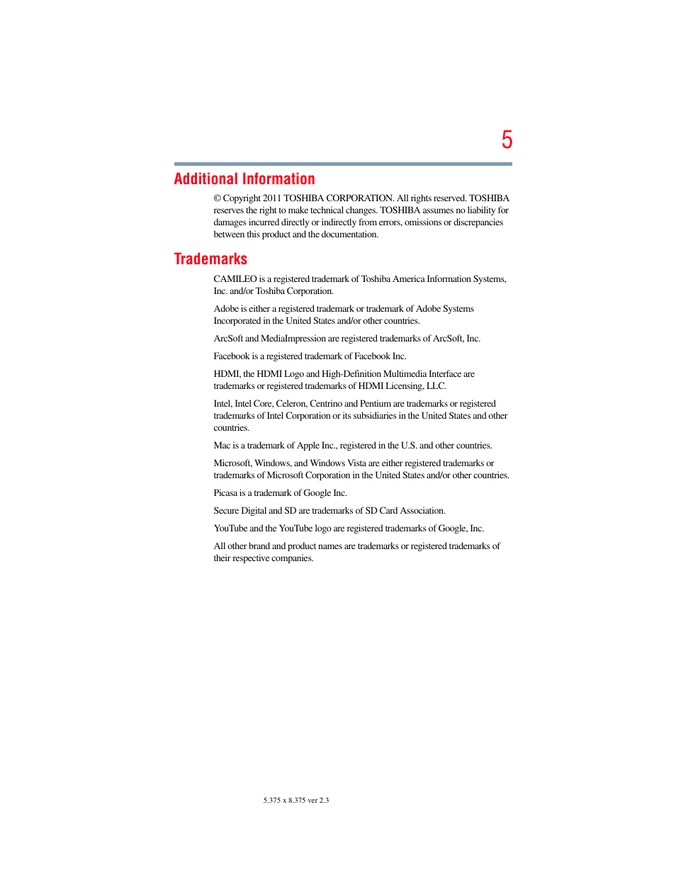 Additional information, Trademarks | Toshiba B10 User Manual | Page 5 / 145