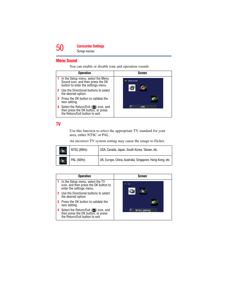 Menu sound, Menu sound tv | Toshiba B10 User Manual | Page 50 / 145