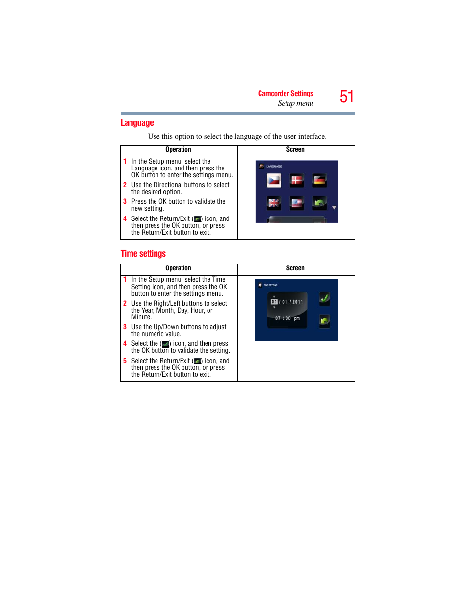 Language, Time settings, Language time settings | Toshiba B10 User Manual | Page 51 / 145