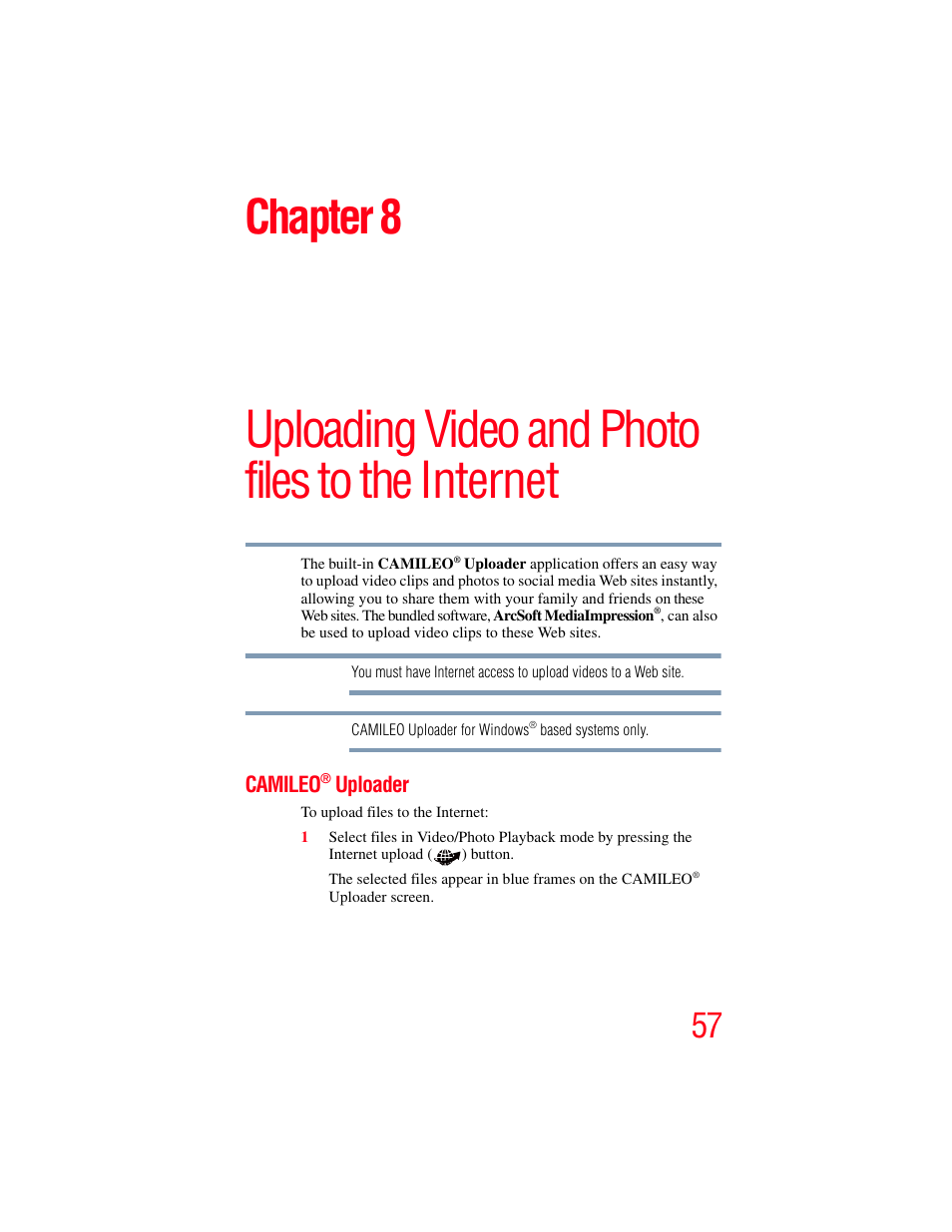 Camileo® uploader, Camileo, Uploading video and photo files to the internet | Chapter 8, Uploader | Toshiba B10 User Manual | Page 57 / 145