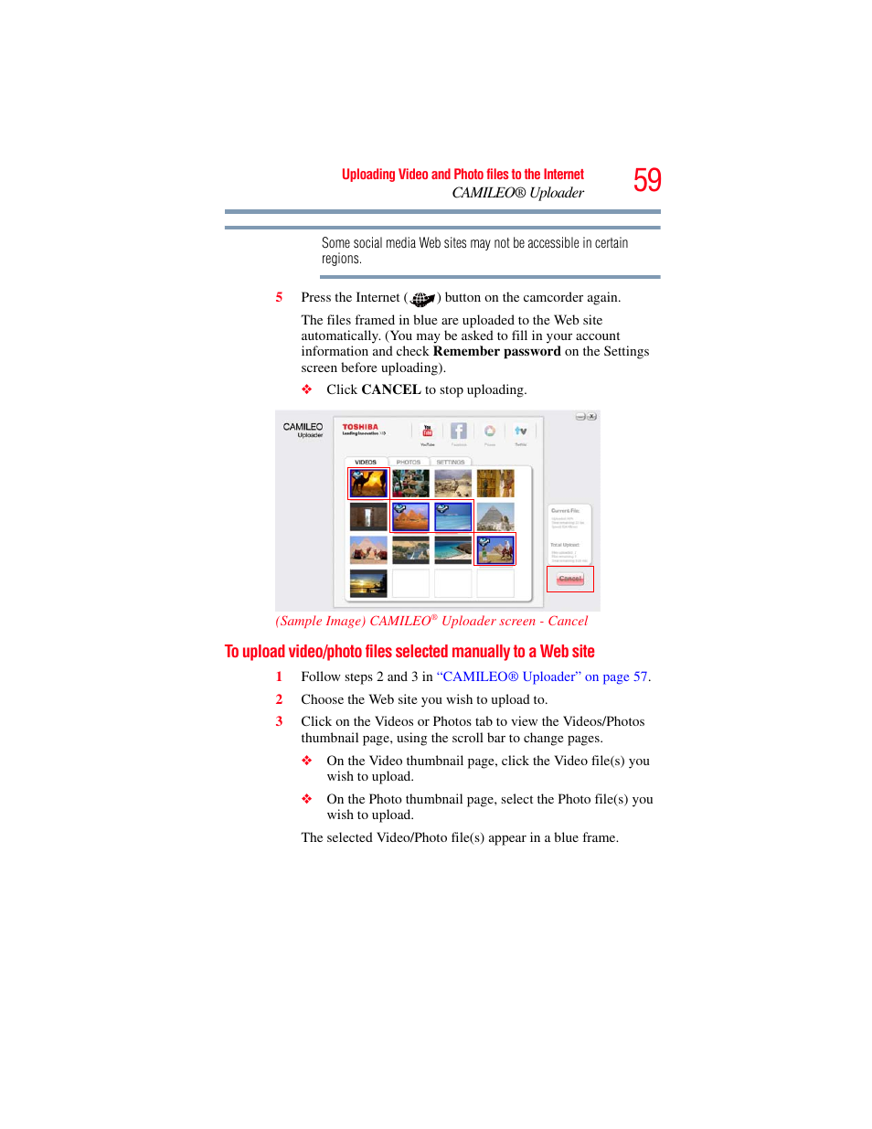To upload video/photo files selected, Manually to a web site | Toshiba B10 User Manual | Page 59 / 145