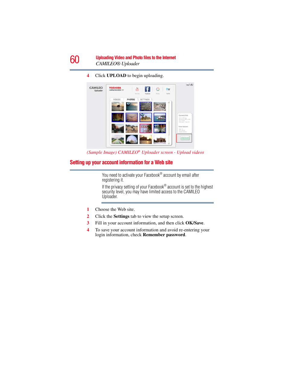 Setting up your account information for a web site, Setting up your account information for, A web site | Toshiba B10 User Manual | Page 60 / 145