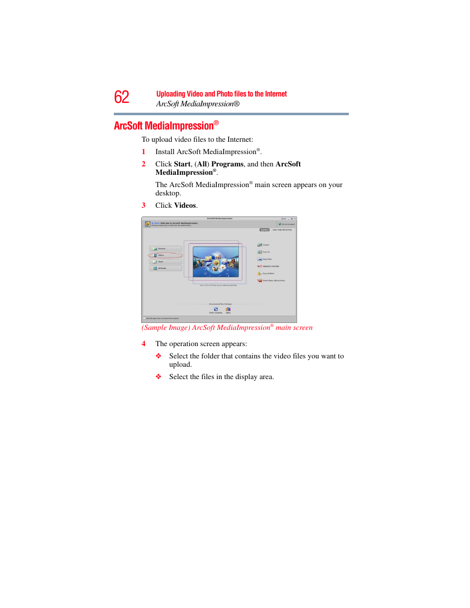Arcsoft mediaimpression | Toshiba B10 User Manual | Page 62 / 145