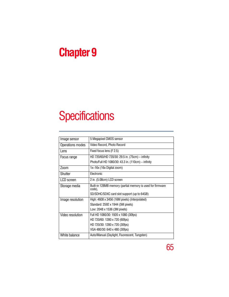 Chapter 9: specifications, Specifications, Chapter 9 | Toshiba B10 User Manual | Page 65 / 145
