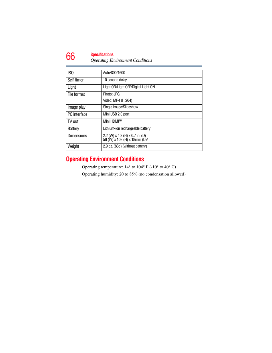 Operating environment conditions | Toshiba B10 User Manual | Page 66 / 145
