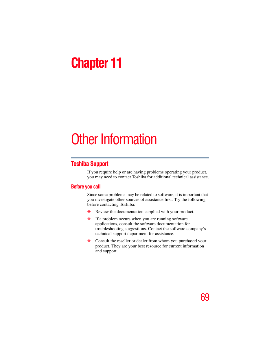 Chapter 11: other information, Toshiba support, Before you call | Other information, Chapter 11 | Toshiba B10 User Manual | Page 69 / 145