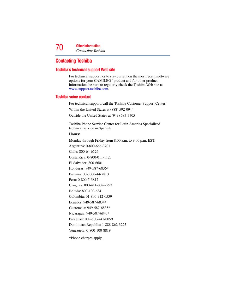 Contacting toshiba, Toshiba’s technical support web site, Toshiba voice contact | Toshiba B10 User Manual | Page 70 / 145