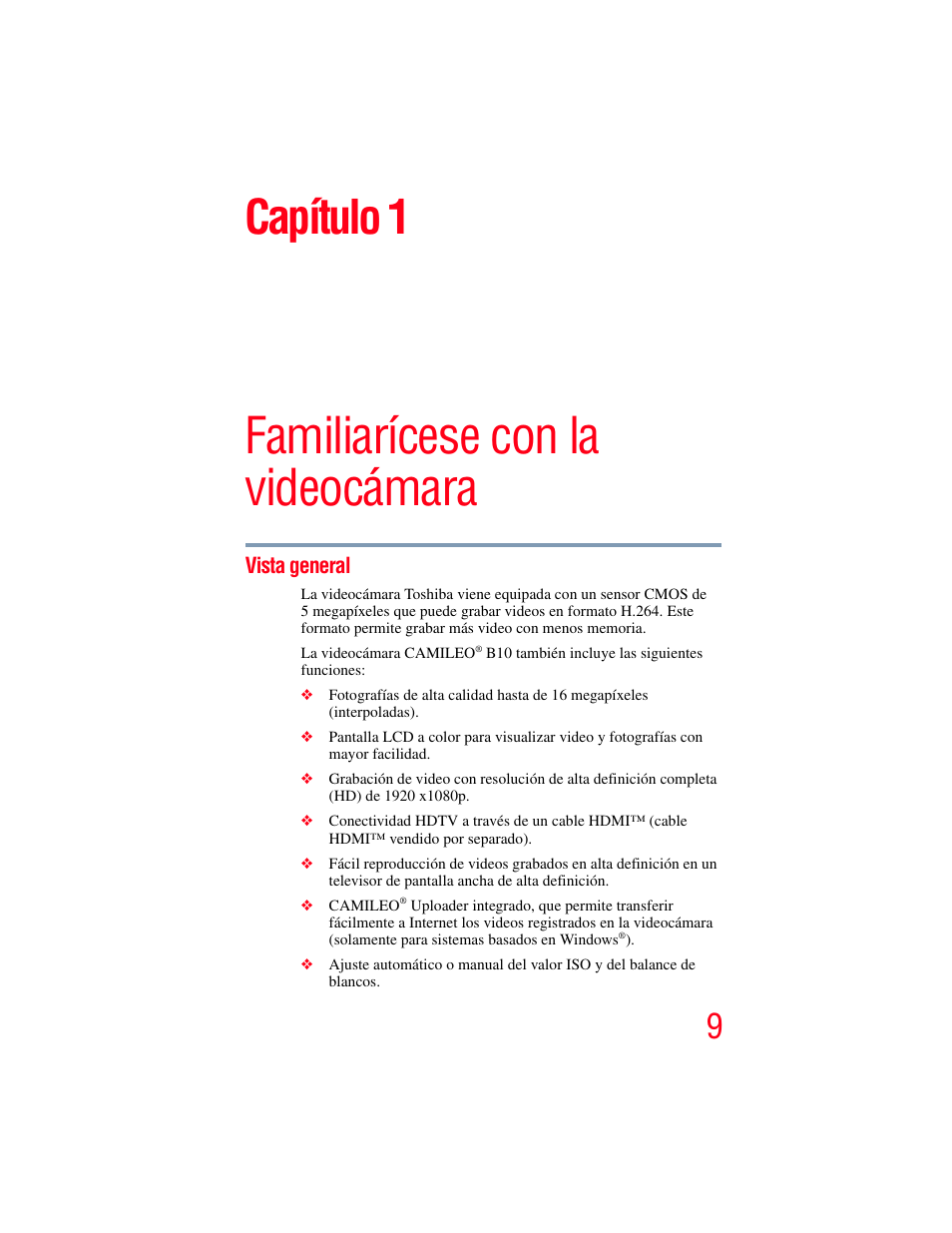 Capítulo 1: familiarícese con la videocámara, Vista general, Familiarícese con la videocámara | Capítulo 1 | Toshiba B10 User Manual | Page 81 / 145