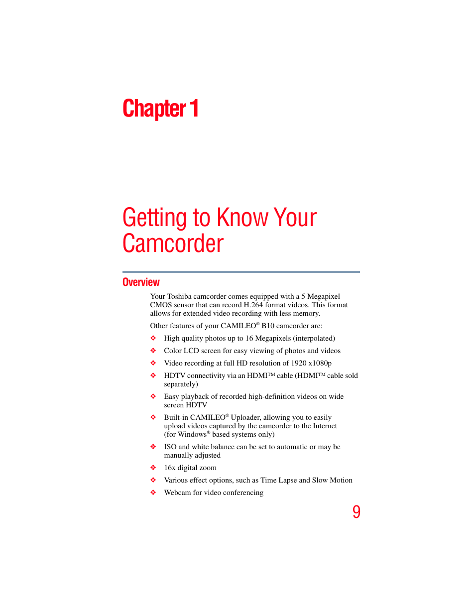 Chapter 1: getting to know your camcorder, Overview, Getting to know your camcorder | Chapter 1 | Toshiba B10 User Manual | Page 9 / 145