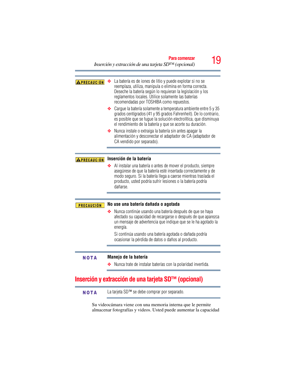 Inserción y extracción de una tarjeta sd, Opcional) | Toshiba B10 User Manual | Page 91 / 145