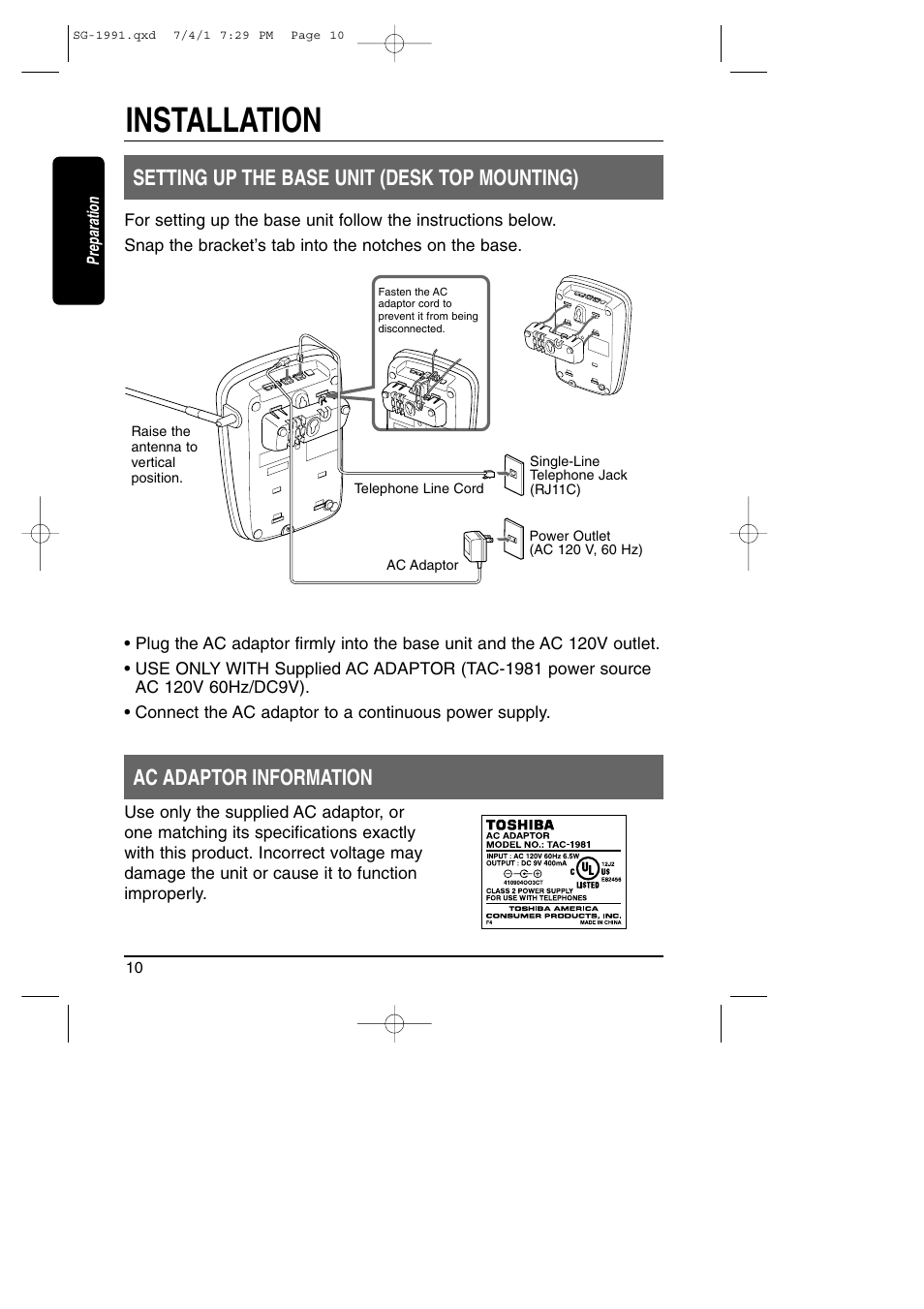 Installation, Setting up the base unit / acadaptor, Setting up the base unit (desk top mounting) | Ac adaptor information | Toshiba SG-1991 User Manual | Page 10 / 59