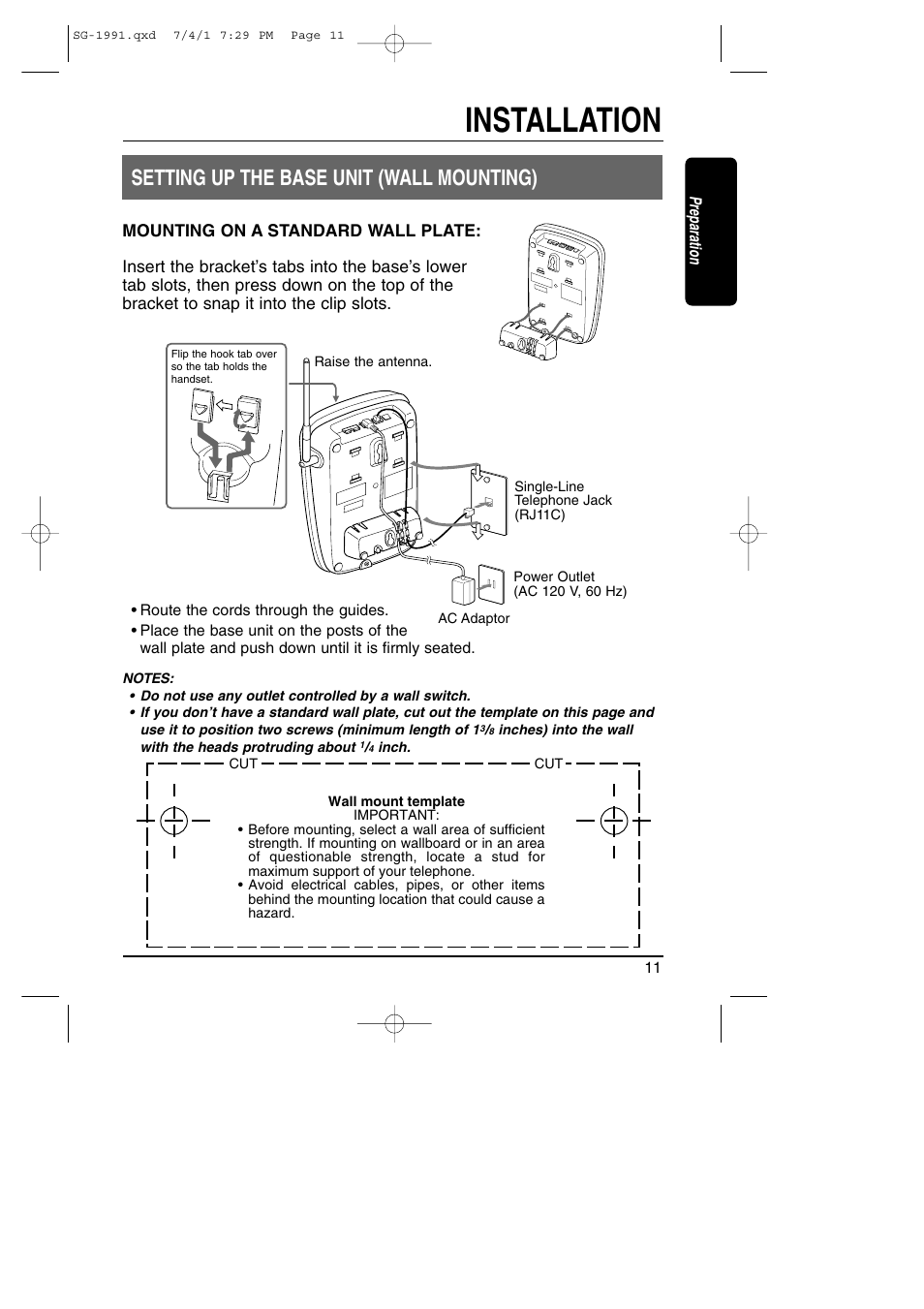 Installation, Setting up the base unit (wall mounting) | Toshiba SG-1991 User Manual | Page 11 / 59
