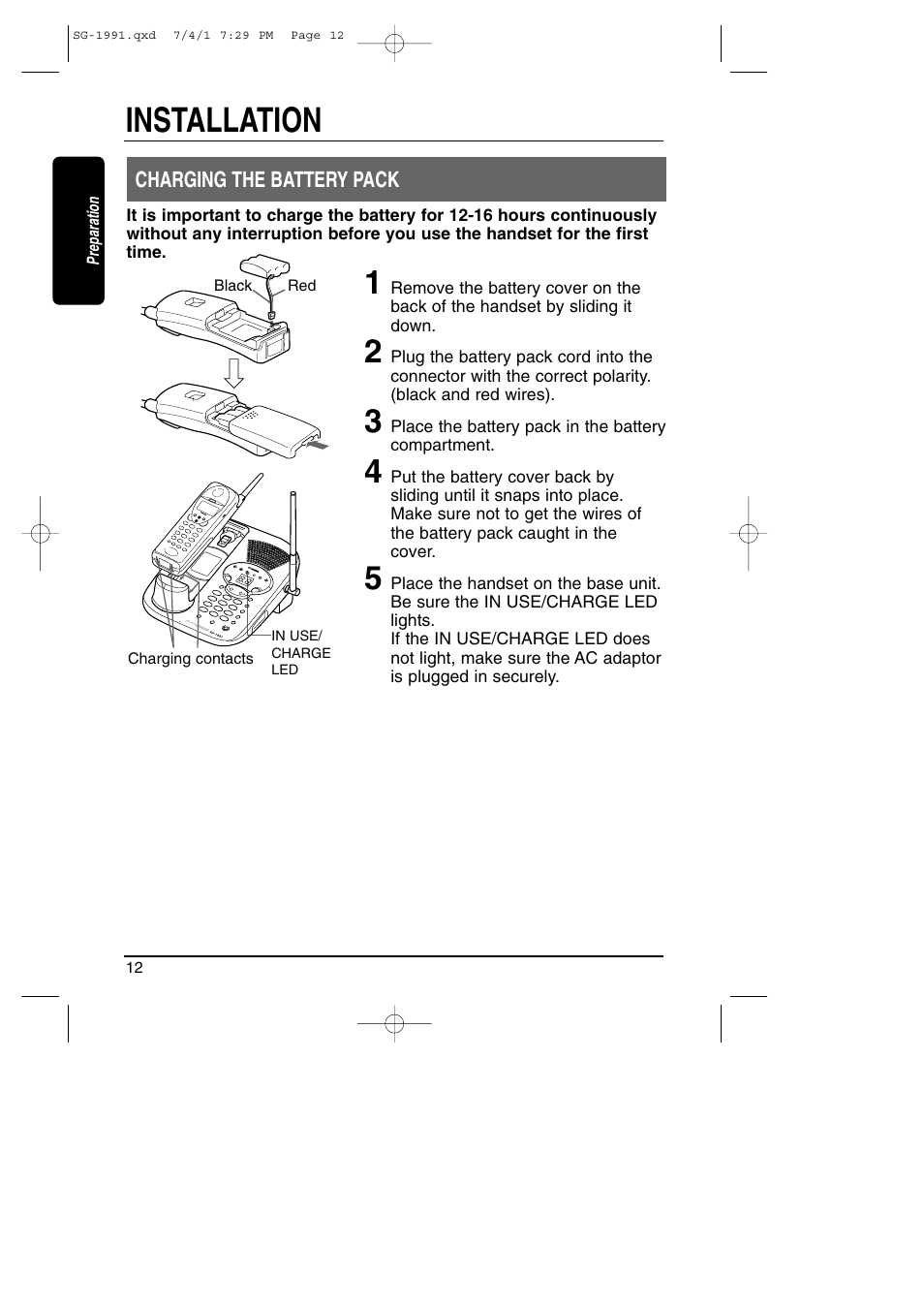 Charging the battery pack, Installation | Toshiba SG-1991 User Manual | Page 12 / 59