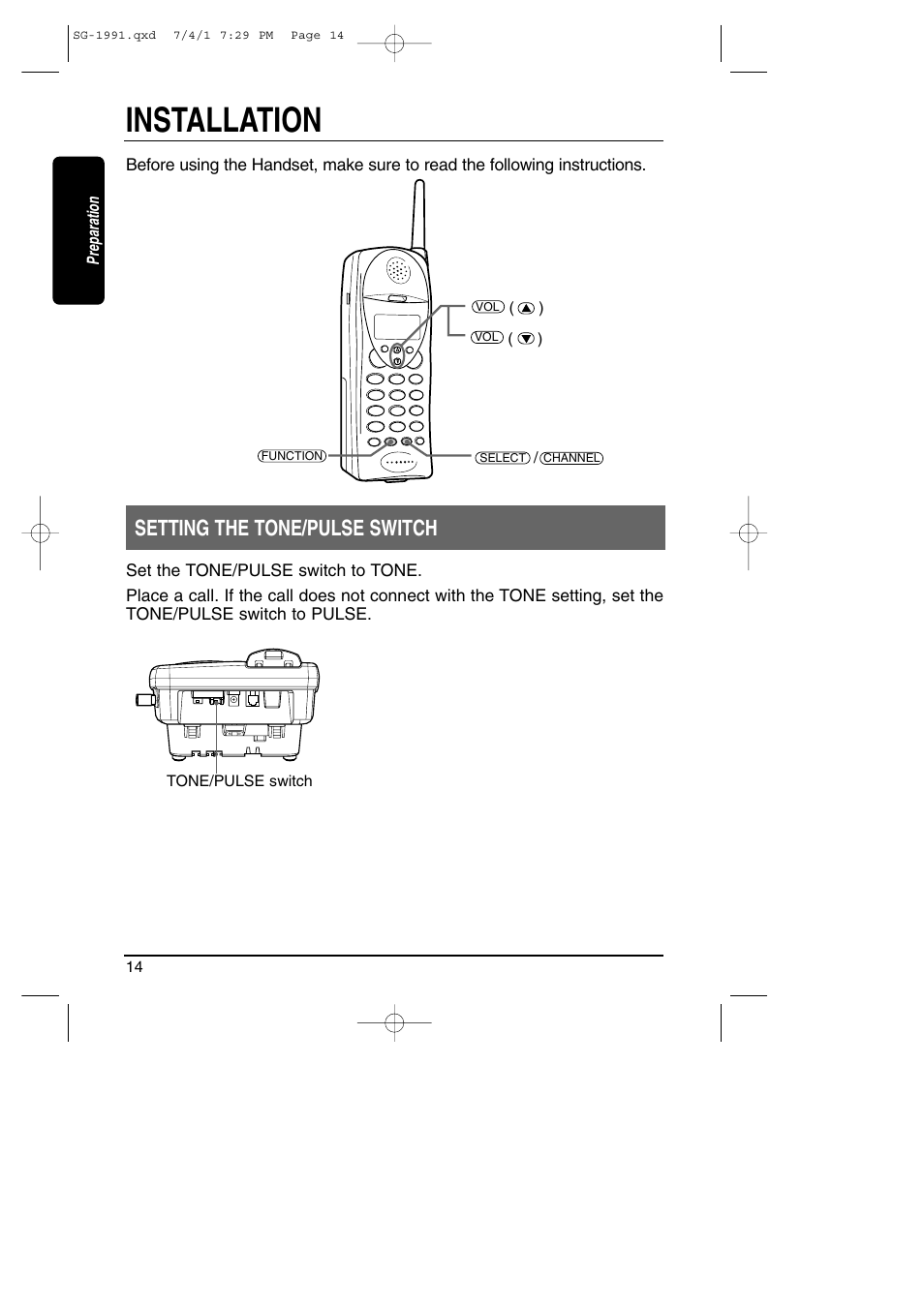 Setting the tone/pulse switch, Installation | Toshiba SG-1991 User Manual | Page 14 / 59