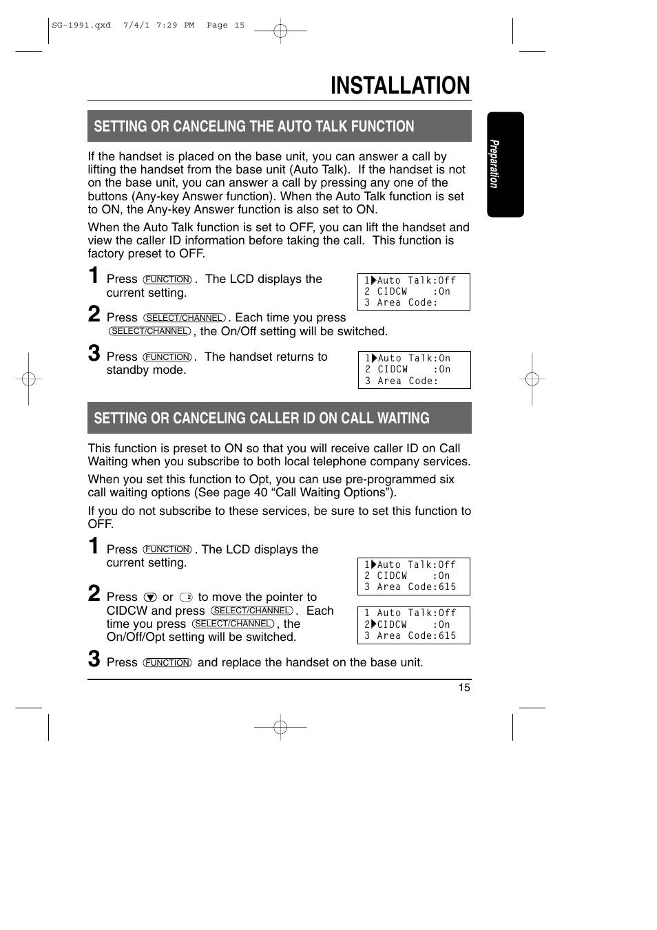 Installation, Setting or canceling the auto talk function, Setting or canceling caller id on call waiting | Toshiba SG-1991 User Manual | Page 15 / 59