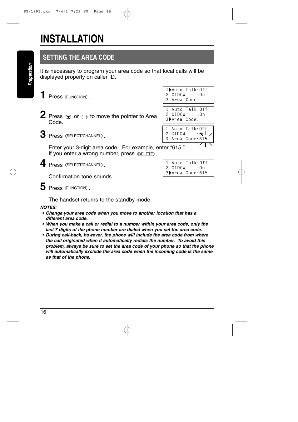 Setting the area code, Installation | Toshiba SG-1991 User Manual | Page 16 / 59
