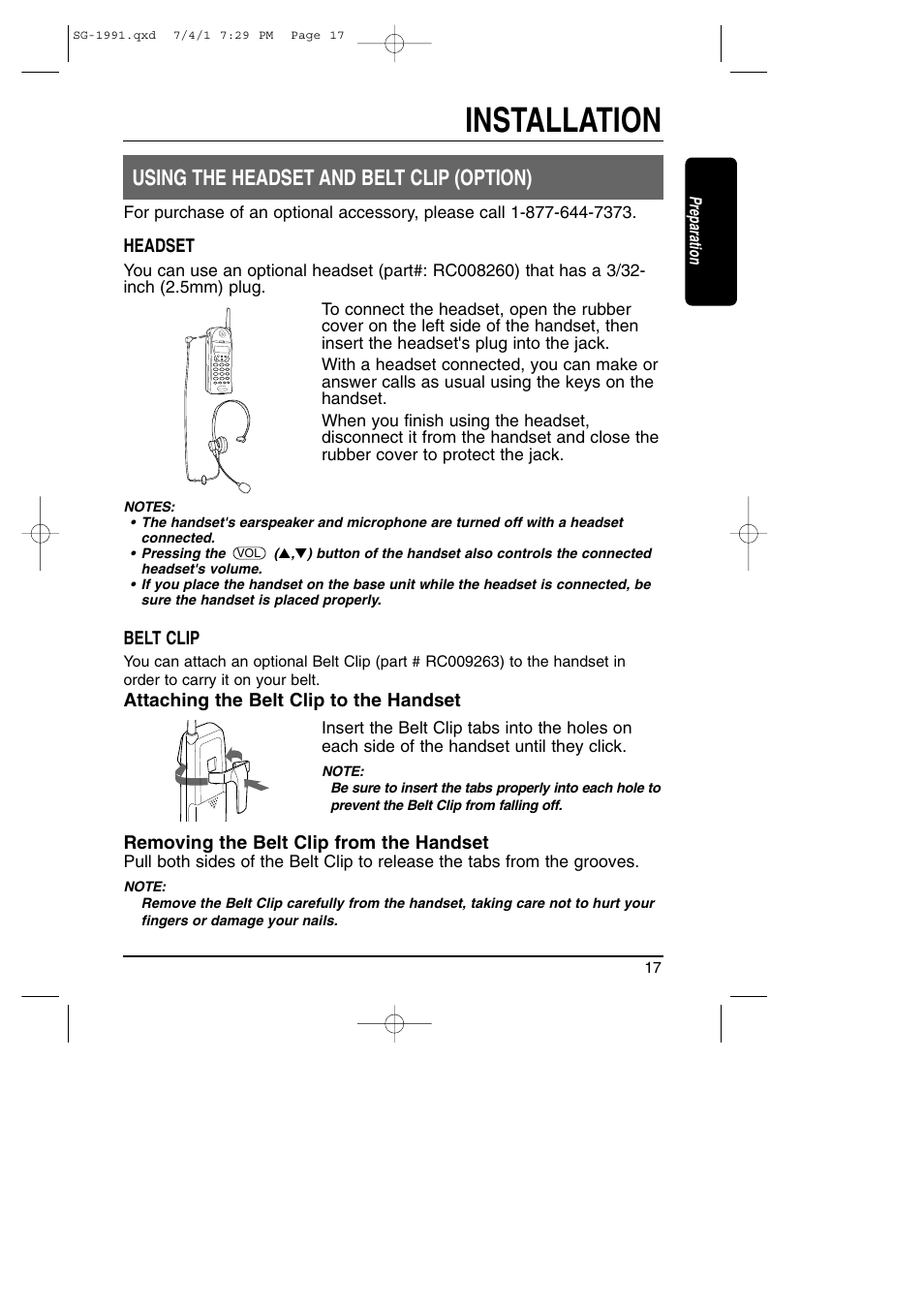 Using the headset and belt clip, Installation, Using the headset and belt clip (option) | Toshiba SG-1991 User Manual | Page 17 / 59