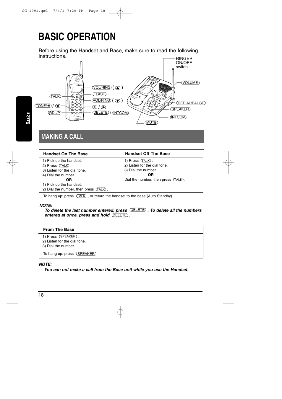 Basics, Basic operation, Making a call | Toshiba SG-1991 User Manual | Page 18 / 59