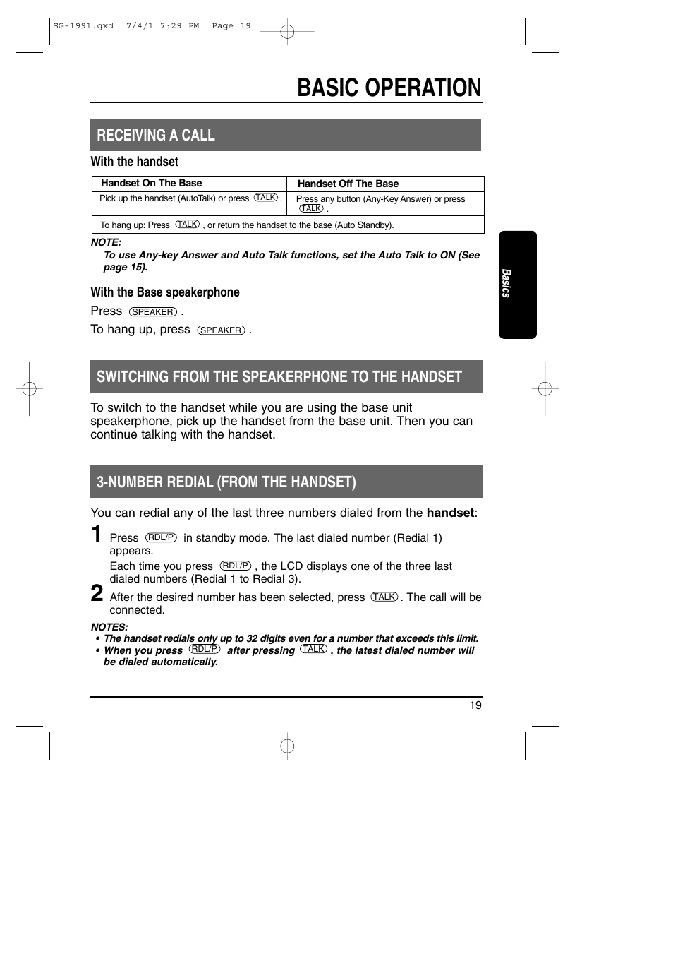 Receiving a call / 3-number redial, Basic operation, Switching from the speakerphone to the handset | Number redial (from the handset), Receiving a call | Toshiba SG-1991 User Manual | Page 19 / 59