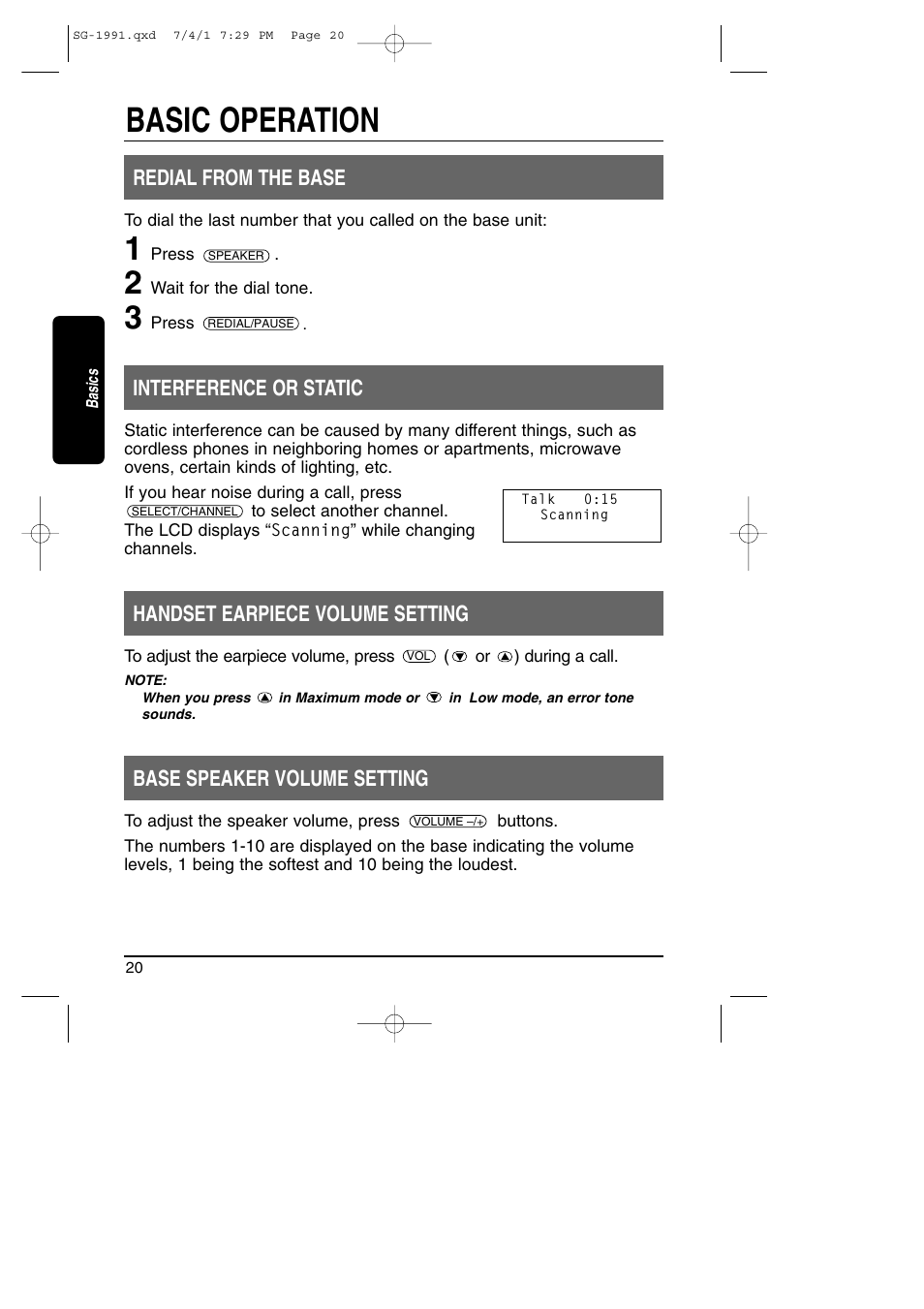 Redial from base/ volume setting, Basic operation, Redial from the base | Interference or static, Handset earpiece volume setting, Base speaker volume setting | Toshiba SG-1991 User Manual | Page 20 / 59