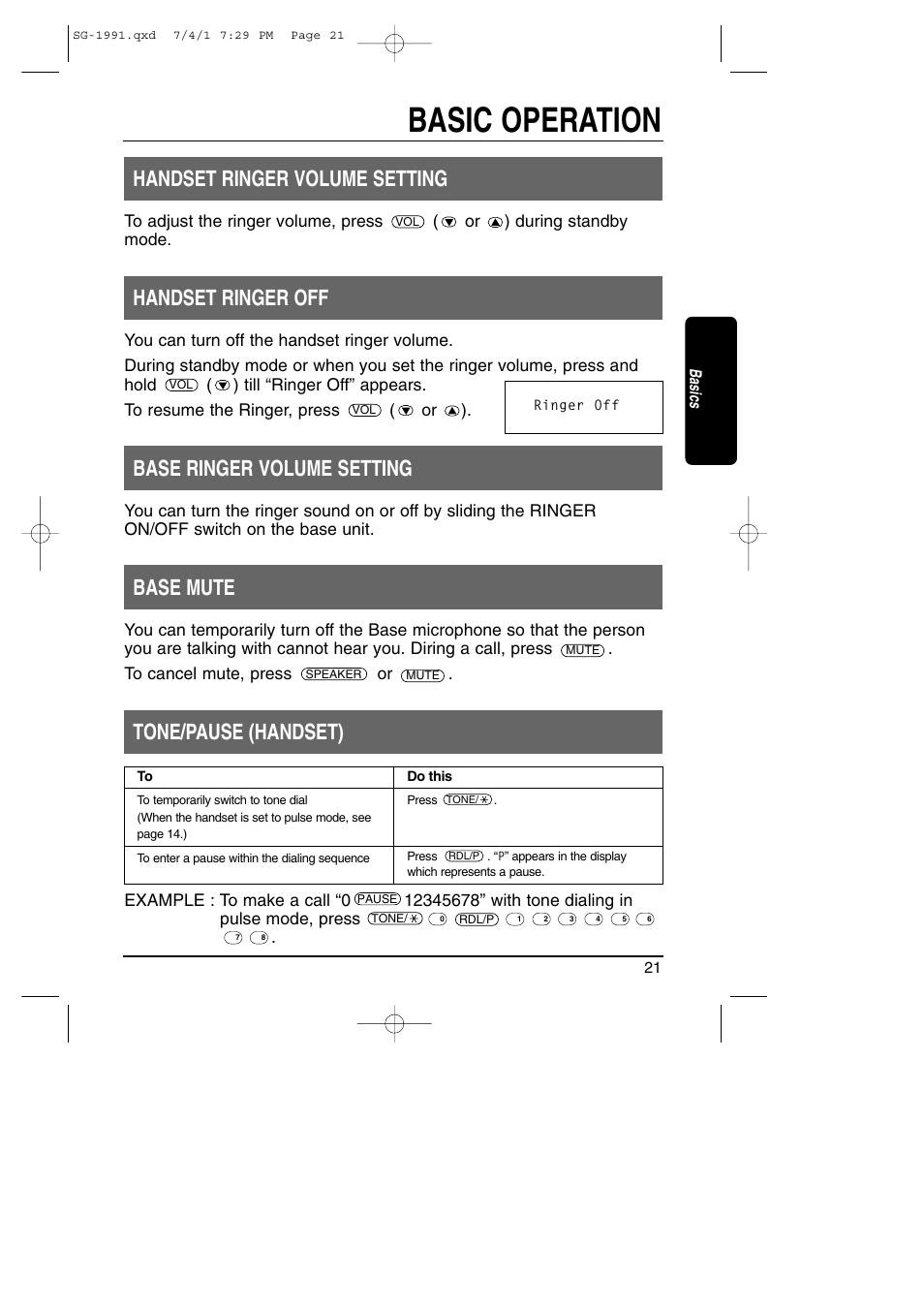 Basic operation, Handset ringer volume setting, Handset ringer off | Base ringer volume setting, Base mute, Tone/pause (handset) | Toshiba SG-1991 User Manual | Page 21 / 59