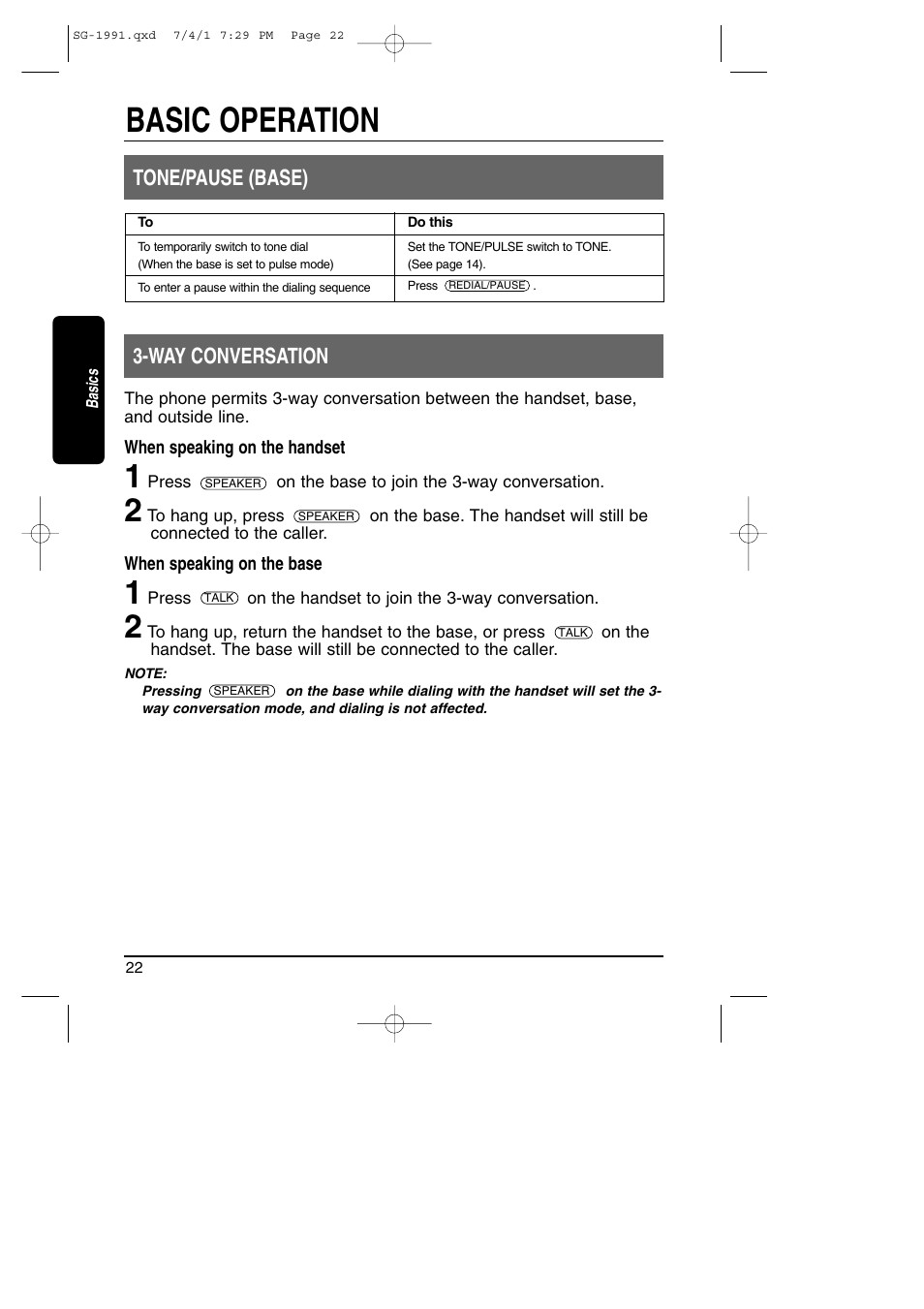 Way conversation, Basic operation, Tone/pause (base) 3-way conversation | Toshiba SG-1991 User Manual | Page 22 / 59