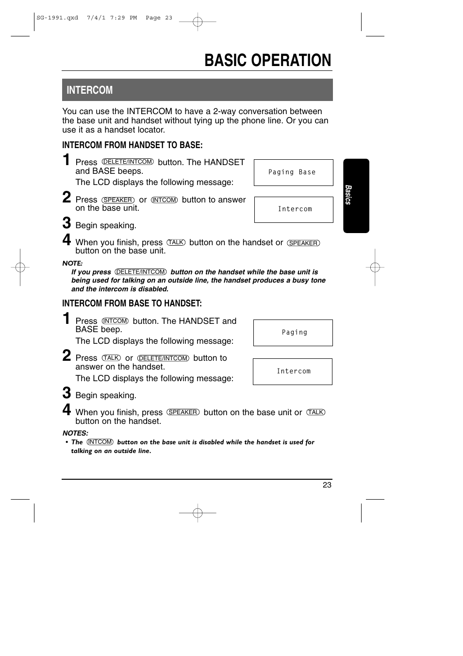 Intercom, Basic operation | Toshiba SG-1991 User Manual | Page 23 / 59