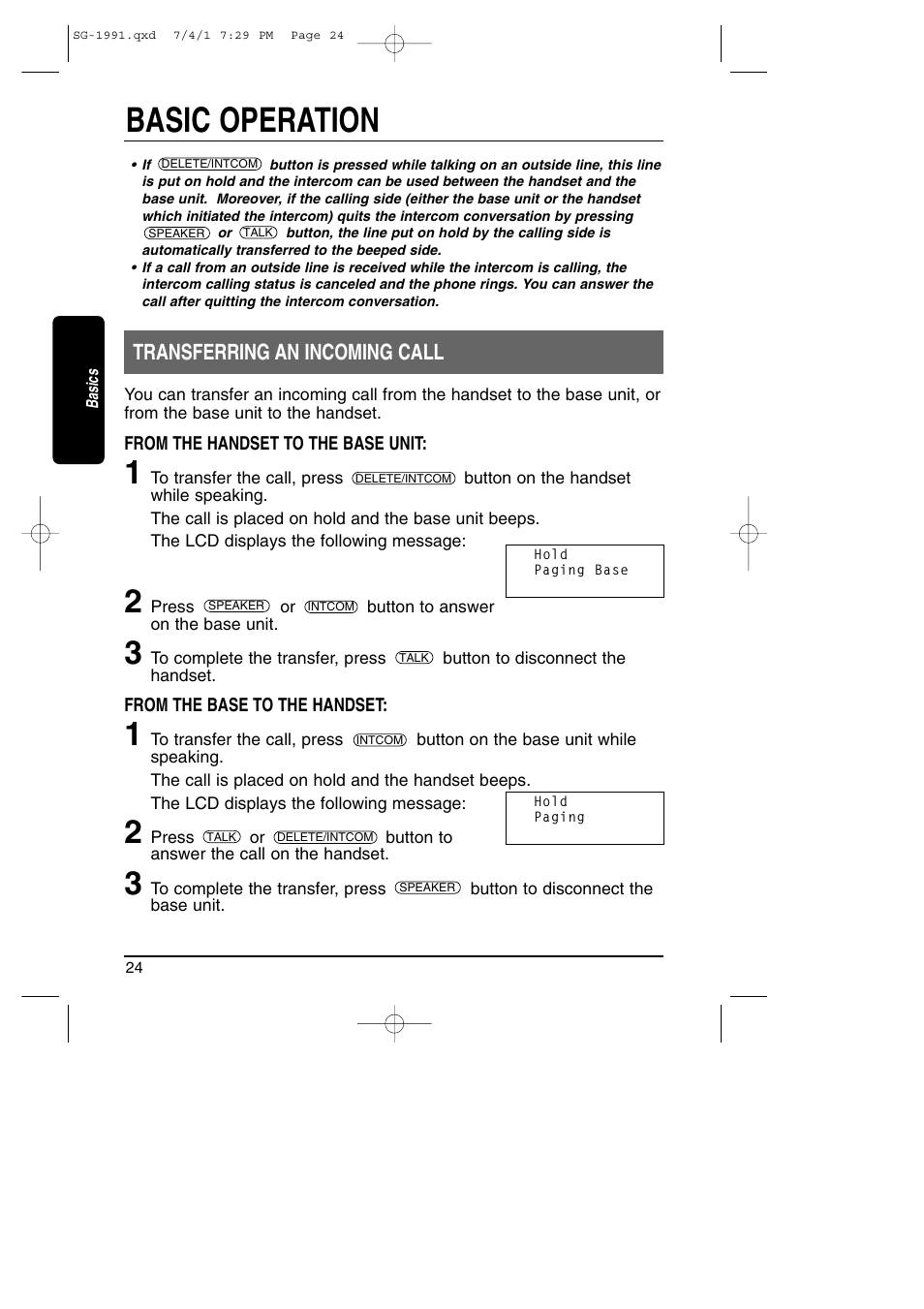 Transferring an incoming call, Basic operation | Toshiba SG-1991 User Manual | Page 24 / 59