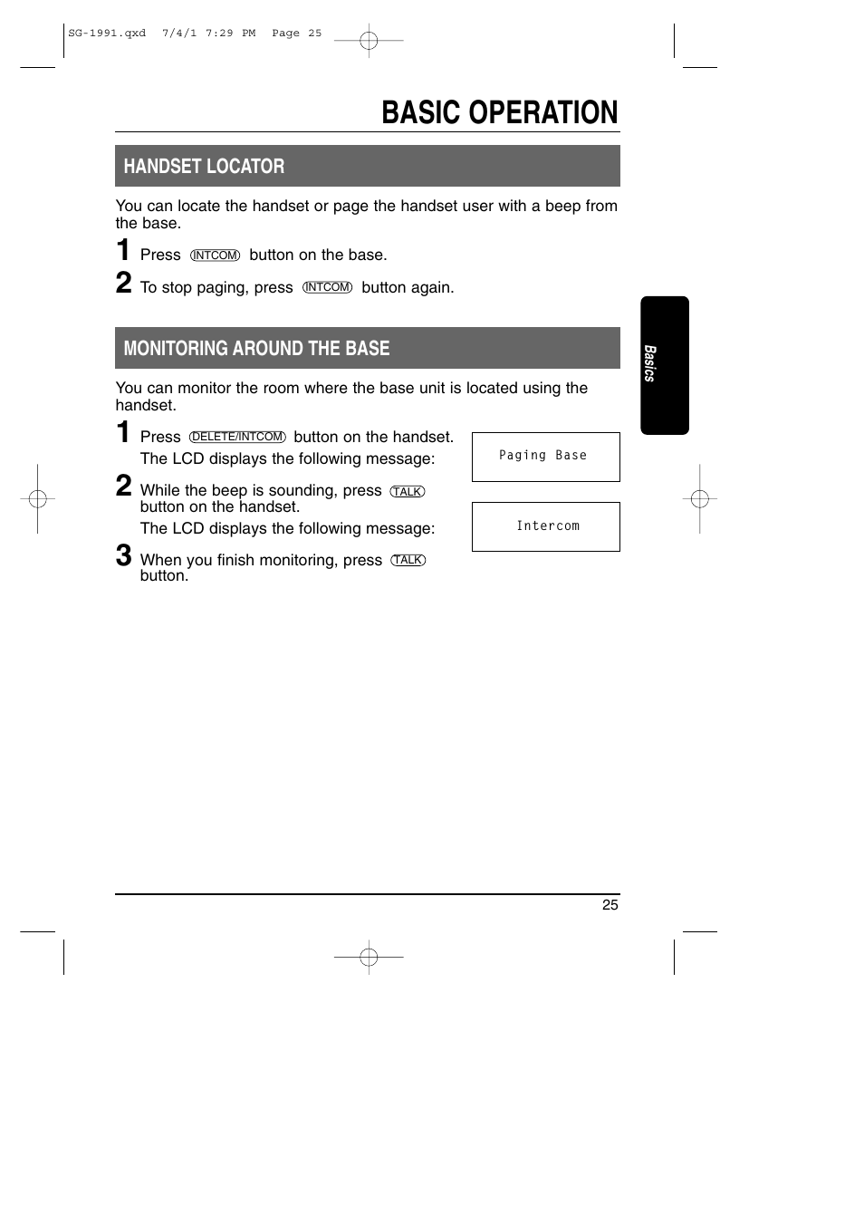 Hanset locator / monitoring around the base, Basic operation | Toshiba SG-1991 User Manual | Page 25 / 59