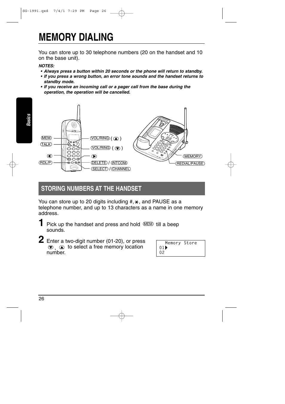 Memory dialing, Storing numbers at the handset | Toshiba SG-1991 User Manual | Page 26 / 59