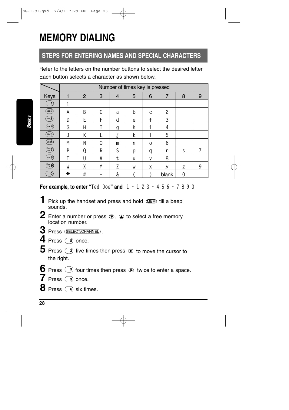 Entering names and special characters, Steps for entering names and special characters | Toshiba SG-1991 User Manual | Page 28 / 59