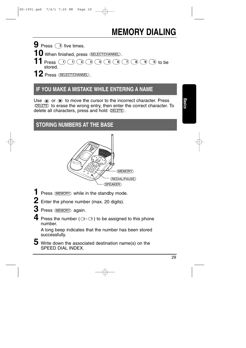 Storing numbers at the base, If you make a mistake while entering a name | Toshiba SG-1991 User Manual | Page 29 / 59