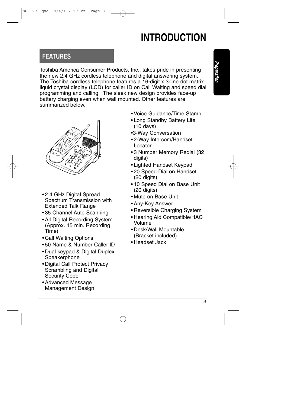 Preparations, Introduction / features, Introduction | Features | Toshiba SG-1991 User Manual | Page 3 / 59